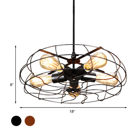 Vintage Round Cage Pendant Light With 5 Bulbs - Wrought Iron Chandelier Lamp In Black/Rust