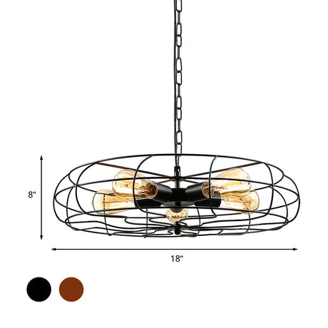 Vintage Round Cage Pendant Light With 5 Bulbs - Wrought Iron Chandelier Lamp In Black/Rust