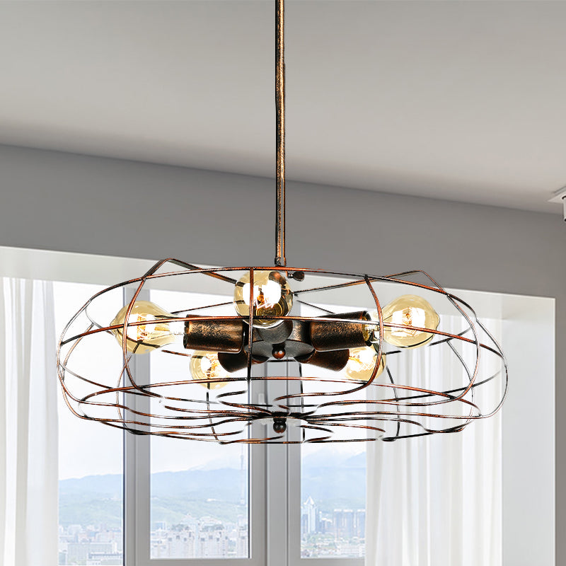 Vintage Round Cage Pendant Chandelier Lamp - 5 Bulbs Wrought Iron Black/Rust Finish