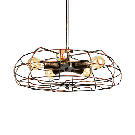 Vintage Round Cage Pendant Light With 5 Bulbs - Wrought Iron Chandelier Lamp In Black/Rust