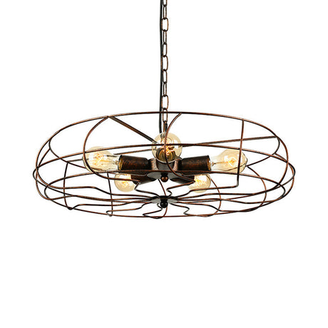 Vintage Round Cage Pendant Light With 5 Bulbs - Wrought Iron Chandelier Lamp In Black/Rust