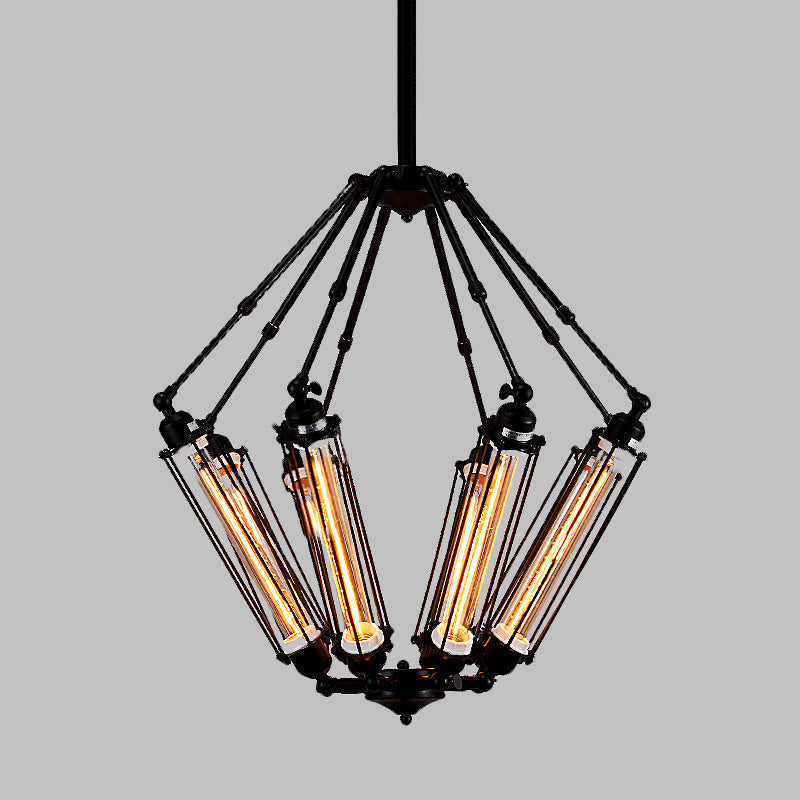 Industrial Metal Pendant Ceiling Lamp - 4-Light Tube Cage Chandelier Fixture In Black