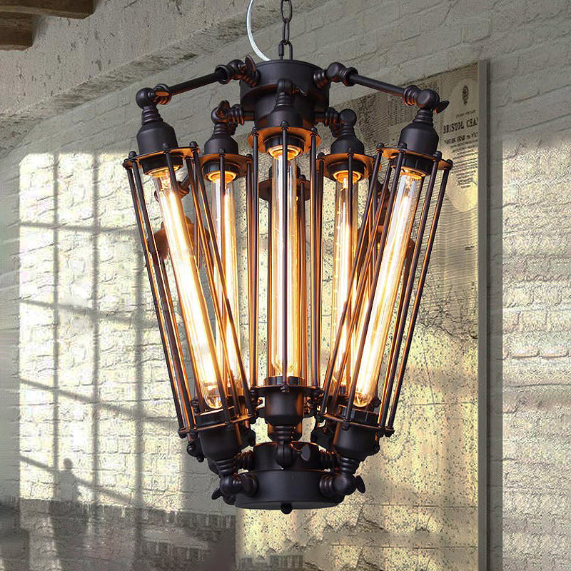 Vintage Iron Pendant Lighting - Wire Tubed Metal 8-Head Dining Room Light Fixture In Black