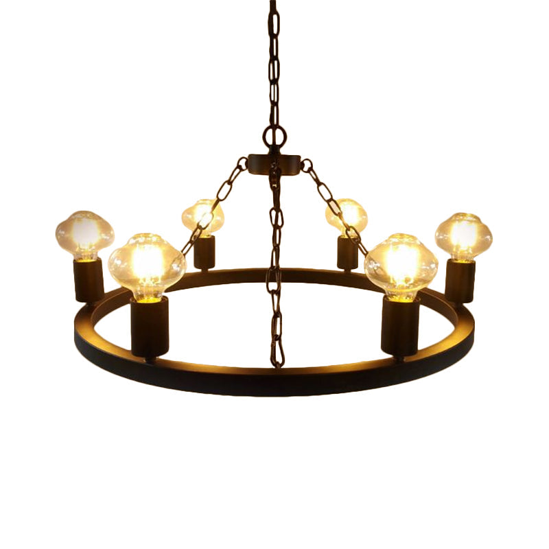 Farmhouse 6-Bulb Ring Chandelier Lamp In Black - Exposed Bulb Metallic Ceiling Lighting For Living