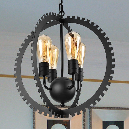 Rustic Industrial Circle Frame Chandelier Light Fixture W/ 4 Heads Black/Rust Iron Gear Design