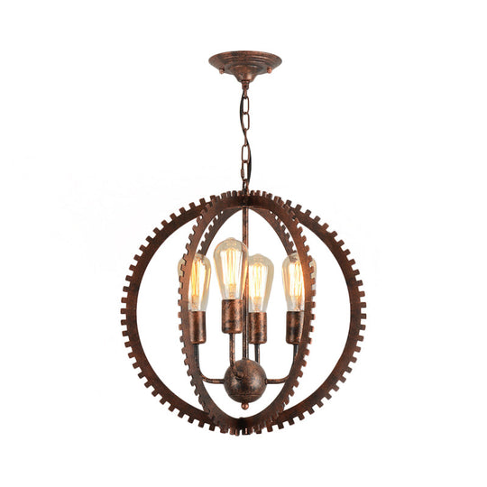 Rustic Industrial Circle Frame Chandelier Light Fixture W/ 4 Heads Black/Rust Iron Gear Design