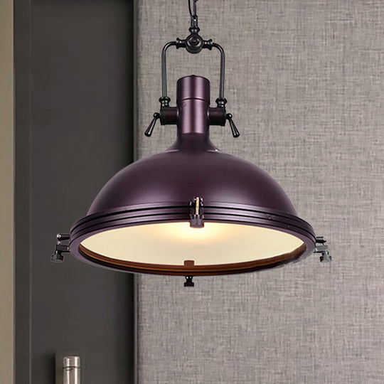 Industrial Dome Hanging Lamp With Frosted Diffuser 1 Light Metal Ceiling In Black/White/Purple For