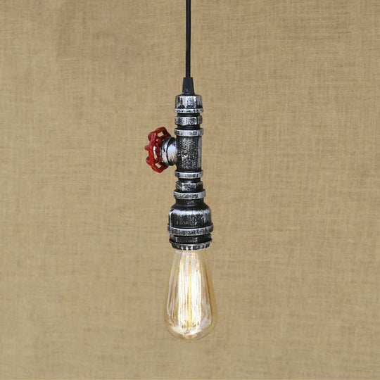 Rustic Pipe Hanging Lamp: Farmhouse Style Wrought Iron Light Fixture With Red Valve -