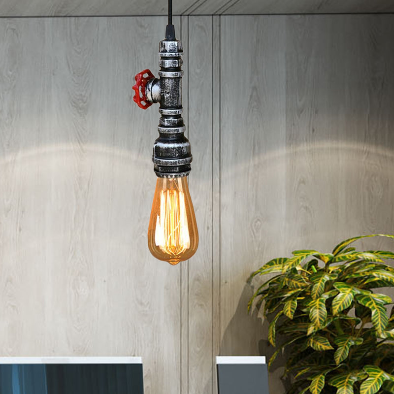 Rustic Pipe Hanging Lamp: Farmhouse Style Wrought Iron Light Fixture With Red Valve -