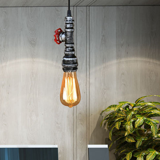 Rustic Pipe Hanging Lamp: Farmhouse Style Wrought Iron Light Fixture With Red Valve -