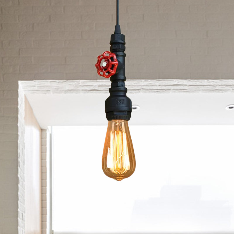 Rustic Pipe Hanging Lamp: Farmhouse Style Wrought Iron Light Fixture With Red Valve -