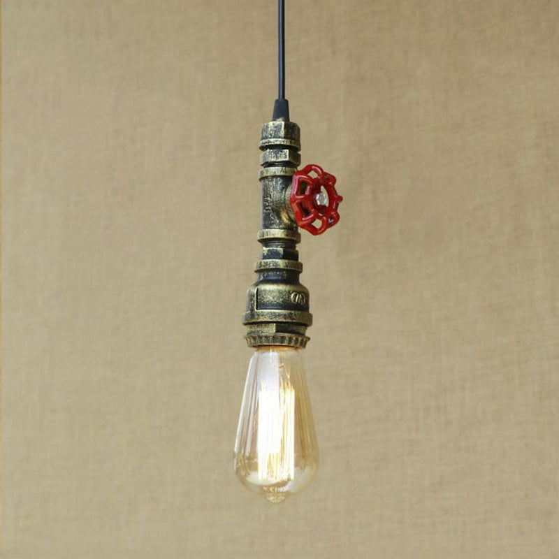Rustic Pipe Hanging Lamp 1-Bulb Wrought Iron Light Fixture With Red Valve In Black/Silver/Brass