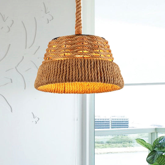 Countryside Beige Cone Pendant Light With Natural Rope For Dining Room
