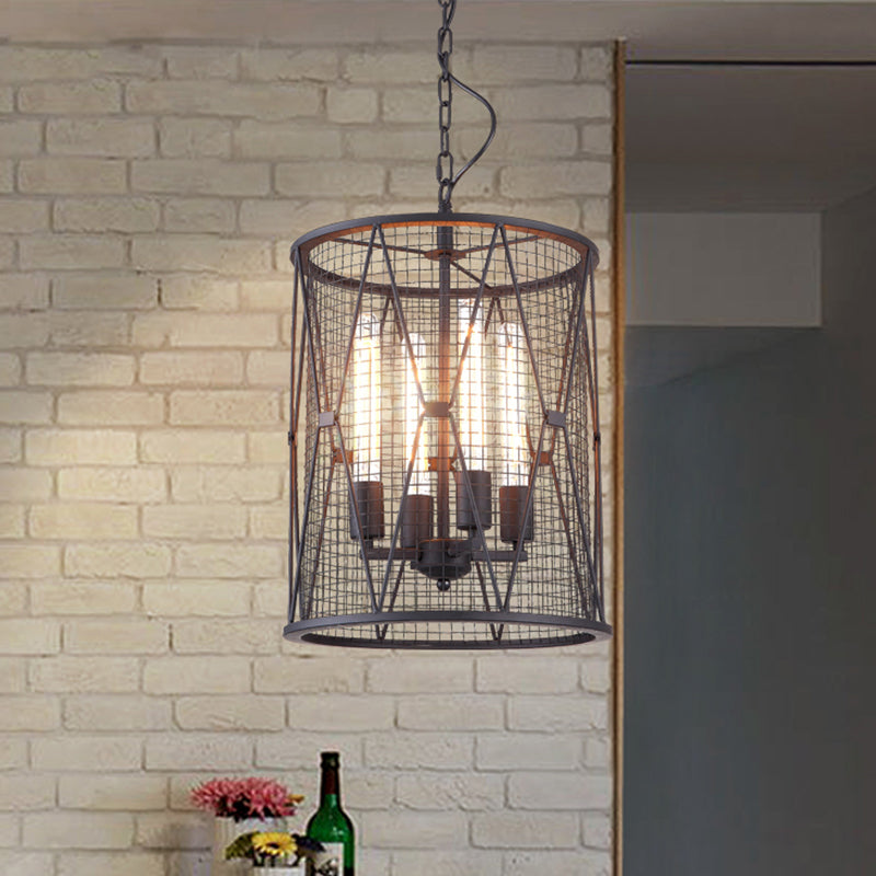 Farmhouse Pendant Light With Mesh Cylinder Metal Shade And 4 Bulbs - Black