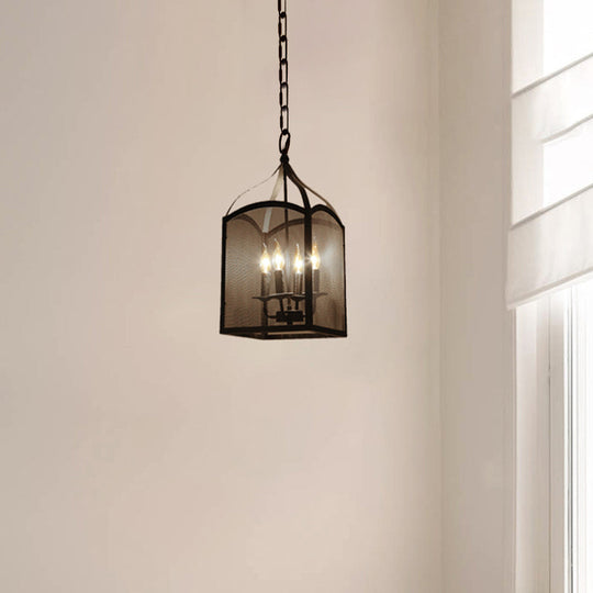 Vintage-Style Black Metal Pendant Ceiling Lamp With Adjustable Caged Mesh Screen - 4/5 Lights