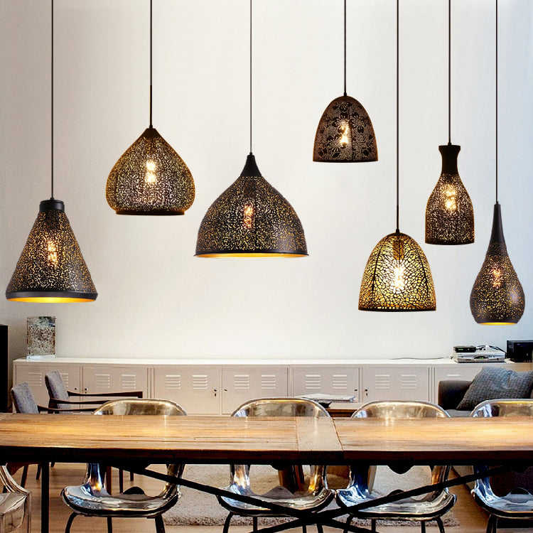 Vintage Stylish Hanging Ceiling Light Pendant Lamp - Etched Cone/Oval Metallic Design 1 Black Ideal