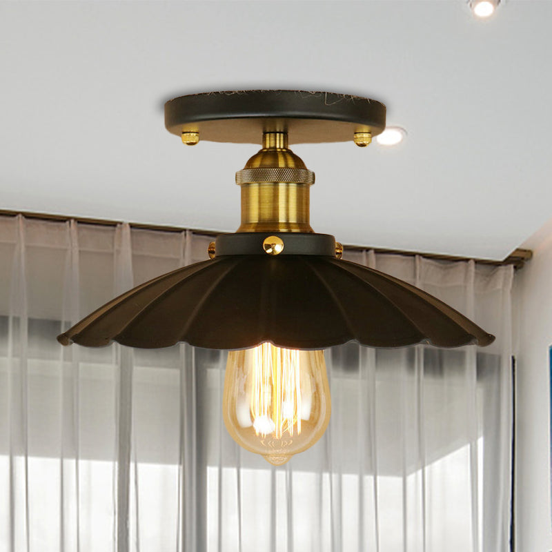 Vintage Style Scalloped Edge Balcony Semi Flush Ceiling Light In Black/Rust With 1 Metal Fixture