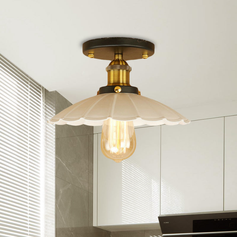 Vintage Style Scalloped Edge Balcony Semi Flush Ceiling Light In Black/Rust With 1 Metal Fixture