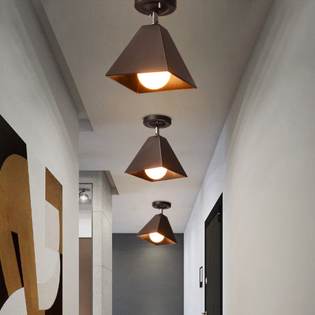 Vintage Style Semi Flush Mount Ceiling Light For Corridor - Black/White Metallic 1/3-Bulb Pyramid