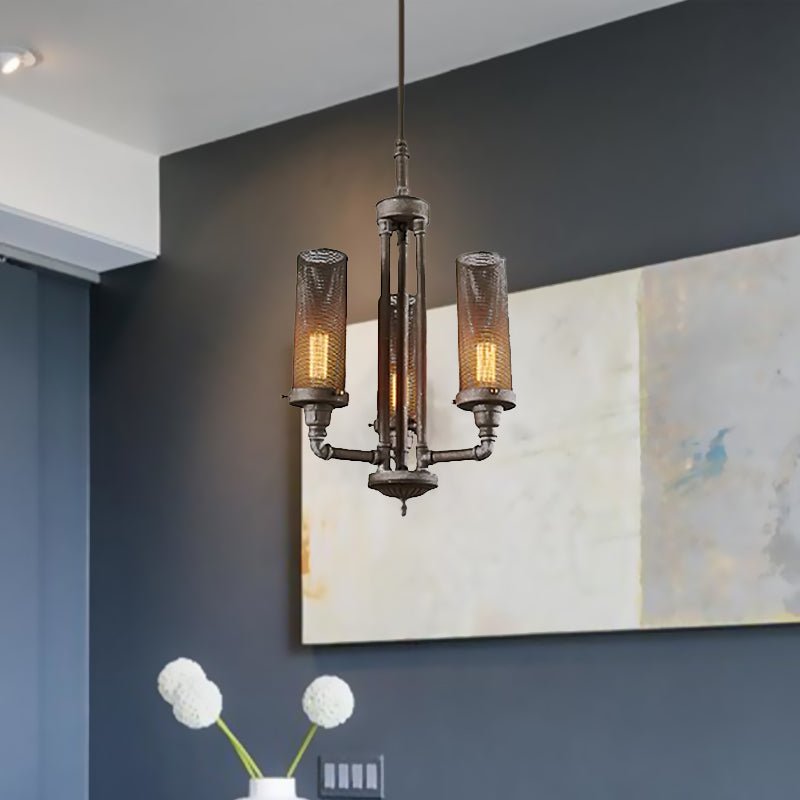 Farmhouse Style Pewter Iron Chandelier With Tube Hanging Lamp - 3/5/8 Lights Cylinder Mesh Shade