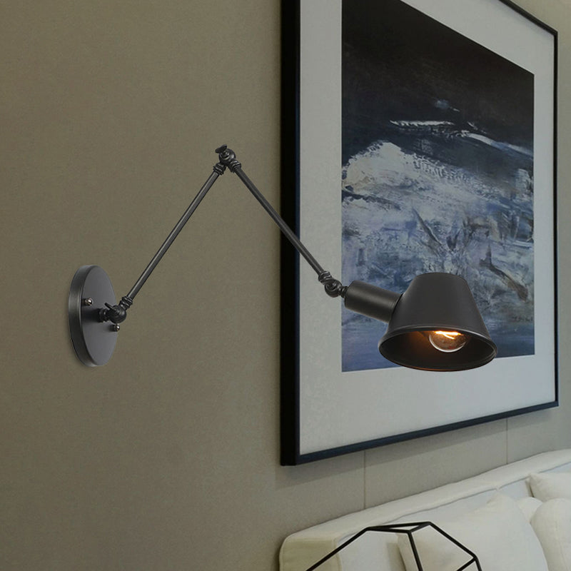 Industrial Bell Shade Wall Light Sconce With Swing Arm - Black Finish 6+12/12+6 Length