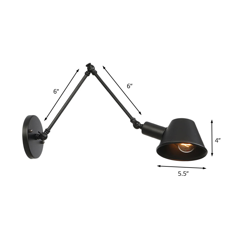 Industrial Bell Shade Wall Light Sconce With Swing Arm - Black Finish 6+12/12+6 Length
