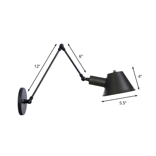 Industrial Bell Shade Wall Light Sconce With Swing Arm - Black Finish 6+12/12+6 Length