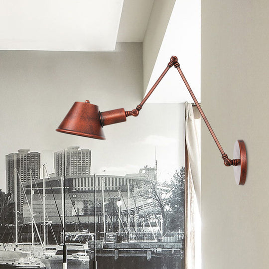 Rustic Iron Finish Swing Arm Wall Sconce With Bell Shade - Farmhouse Style 1-Light Mount Fixture