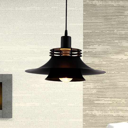 Restaurant Ceiling Light: Wide Flare Pendant Countryside Black Iron | 2-Layer 1 Bulb 12.5’/14’