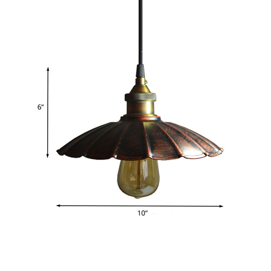 Copper Iron Ceiling Pendant Light With Antiqued Scalloped Drop Design - 1 Bulb 10’/14’/16.5’