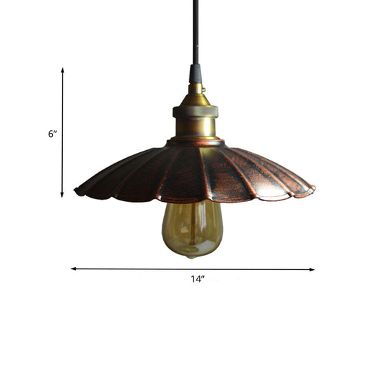 Copper Iron Ceiling Pendant Light With Antiqued Scalloped Drop Design - 1 Bulb 10’/14’/16.5’
