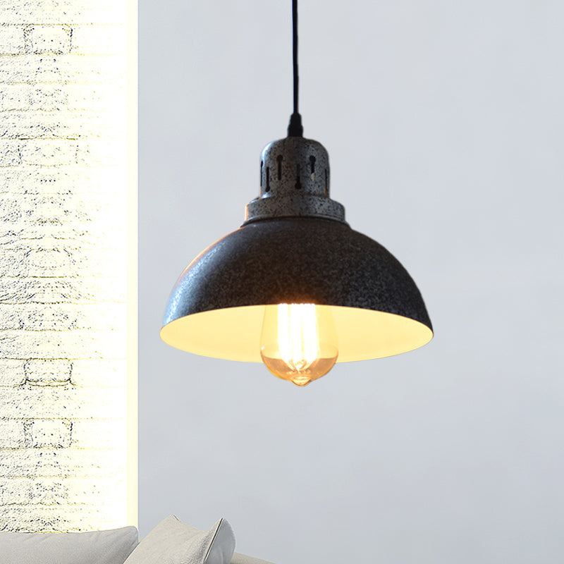 Matte Black Rustic Pendant Lamp - 1-Light Ceiling Lighting With Metallic Domed Design