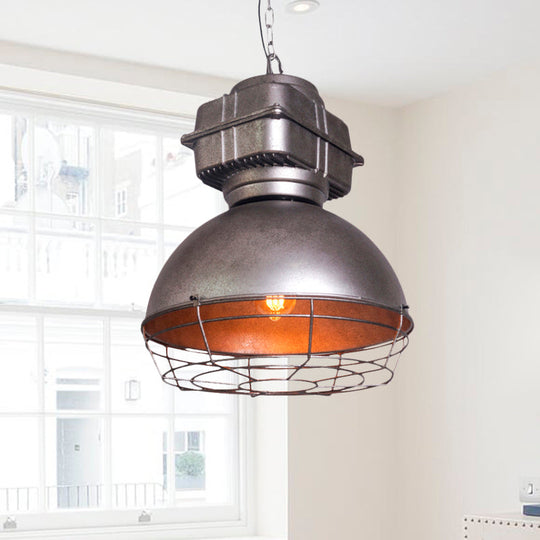 Vintage Silver Cage Pendant Ceiling Light - Metallic Hanging Lamp With Dome Shape