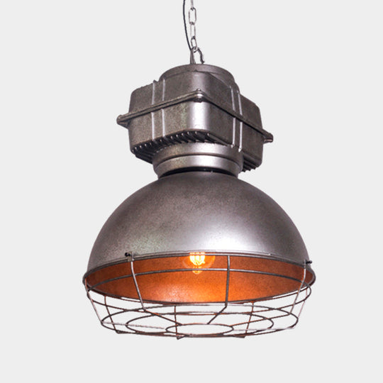 Vintage Silver Cage Pendant Ceiling Light - Metallic Hanging Lamp With Dome Shape