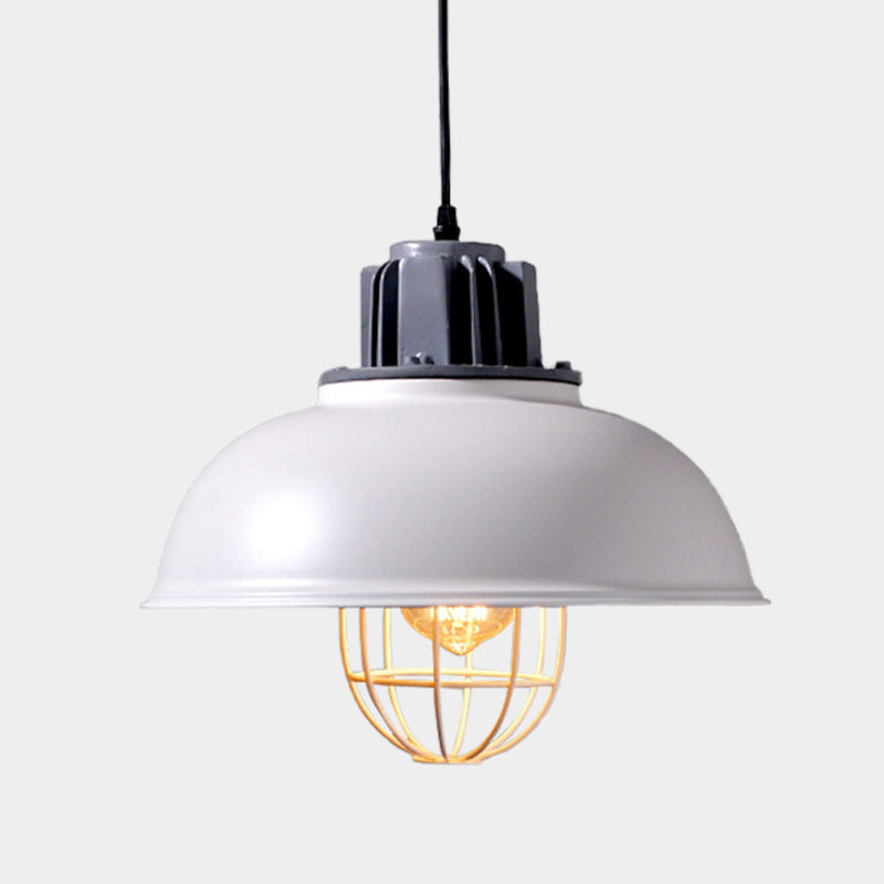 Industrial Metal Drop Pendant Lamp - White Domed Design Ceiling Suspension For Restaurants (1-Bulb)