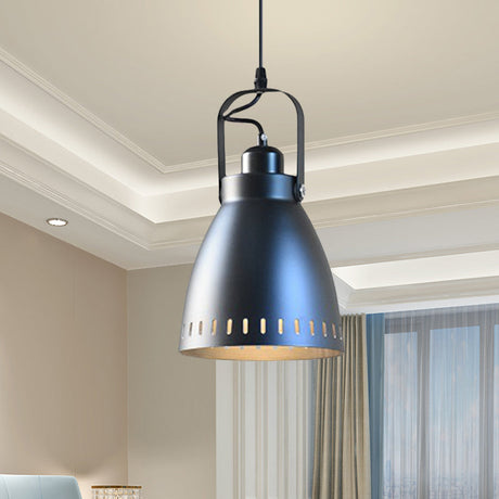Industrial Small Bell Metallic Drop Pendant Lamp In Black With Handle - 1-Bulb Hanging Light Fixture