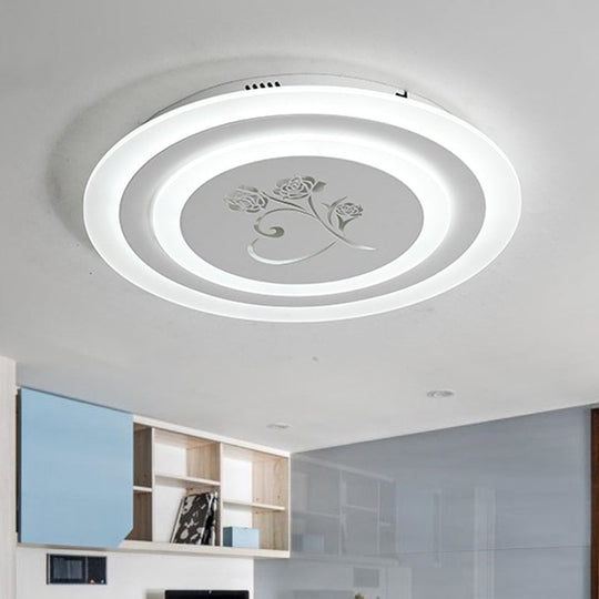 Modernist Acrylic Circle Flush Led Ceiling Light With Rose Pattern - White Mounted