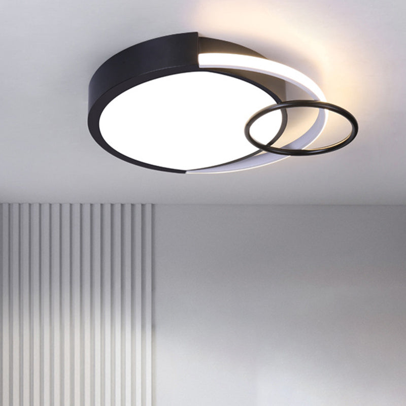 Modern Drum And Ring Metal Flush Mount Ceiling Light Fixture - 19/23 W Led Black Warm/White / 19