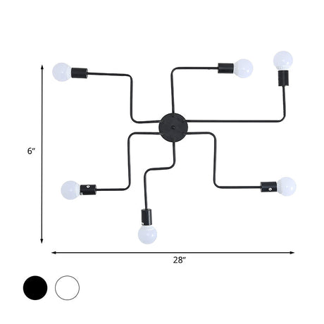 Loft Industrial Exposed Semi Flush Light Fixture - 4/6-Head Metallic Ceiling In Black/White For