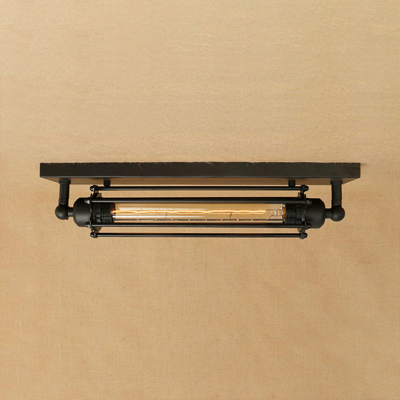 Retro Style 1 - Light Linear Ceiling Mount Fixture With Cage Shade - Black Metallic Flush