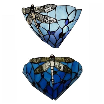 Dragonfly Pattern Stained Glass Bowl Wall Sconce Lighting - Rustic 2-Light Mount