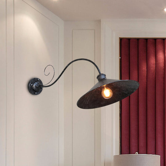 Flared Outdoor Wall Light - Antiqued 1-Light Metal Sconce Lamp With Curved Arm Black/Black & White