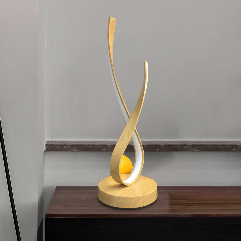 Modern Beige Finish Twisted Desk Lamp With Led Acrylic Nightstand Lighting Wooden Base
