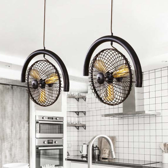 Farmhouse Kitchen Hanging Lamp With Brass/Black Finish - Circle Cage Metal Fixture 3 Lights & Fan
