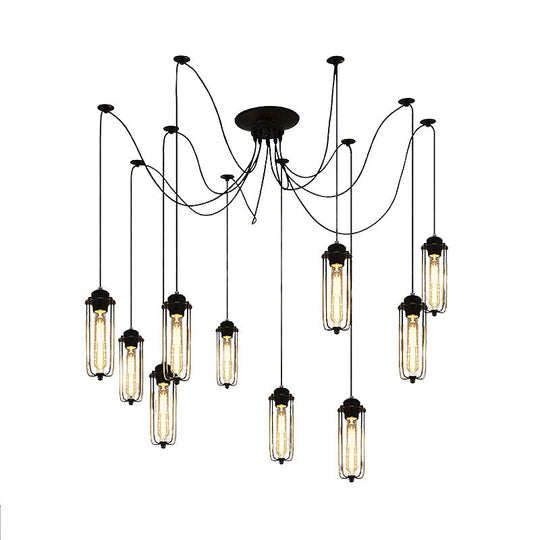 Vintage Swag Pendant Light: Adjustable 10-Head Metal Hanging Lamp With Cage Shade - Black Dining