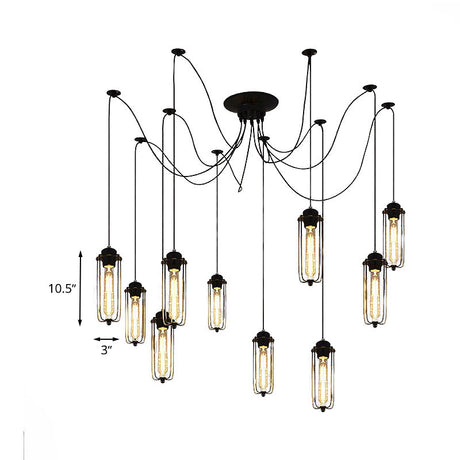 Vintage Swag Pendant Light: Adjustable 10-Head Metal Hanging Lamp With Cage Shade - Black Dining