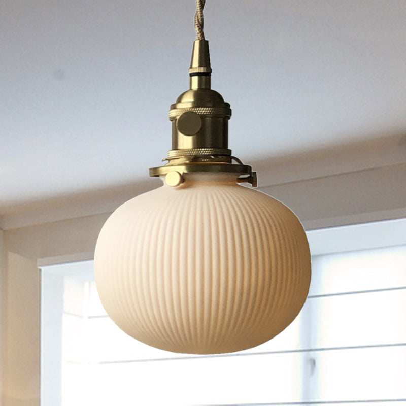 Ivory Ribbed Glass Pendant Lamp - Modern Dining Room Hanging Light