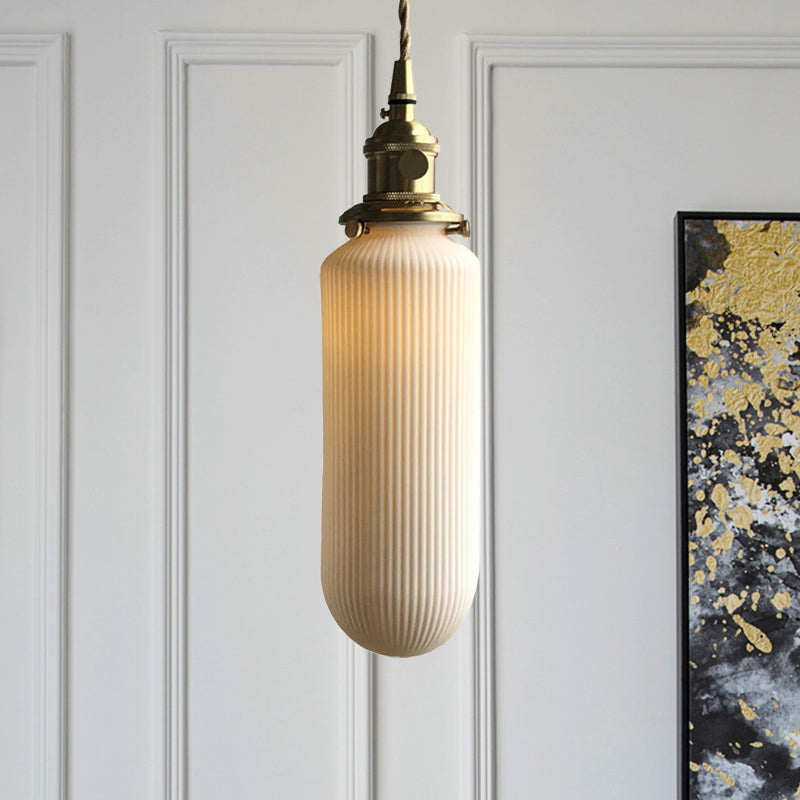 Ivory Ribbed Glass Pendant Lamp - Modern Dining Room Hanging Light