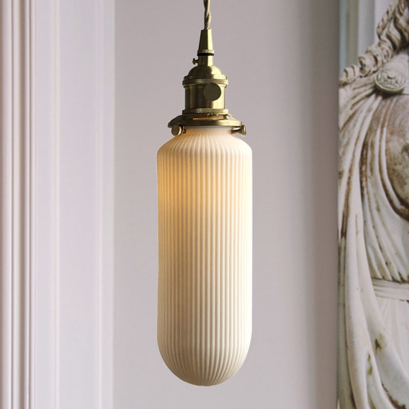 Ivory Ribbed Glass Pendant Lamp - Modern Dining Room Hanging Light