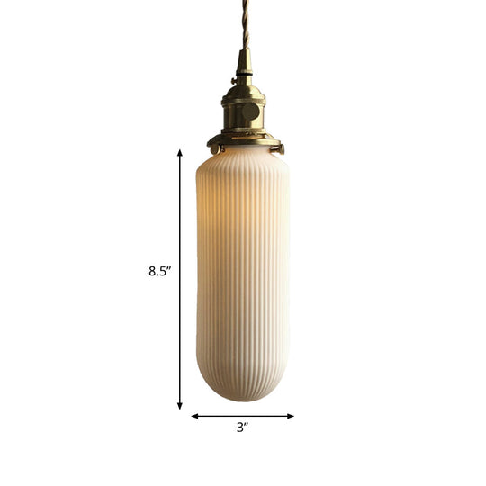 Dining Room Pendant Lamp: Ribbed Glass Cylinder Shape In Ivory - Modern 1 Light Hanging Kit